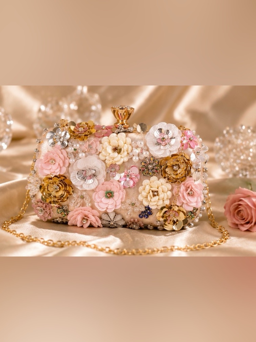 3D Floral Beaded Clutch Pink Evening Bag Wedding Party Purse Gold Chain